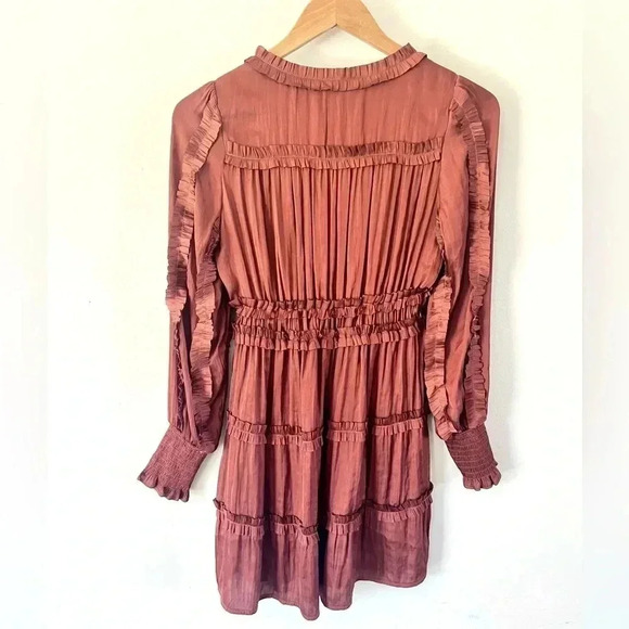 O.P.T. One Pretty Time Tianna Rust Long Sleeve Ruffle Silky Mini Dress Sz Small - Picture 9 of 14